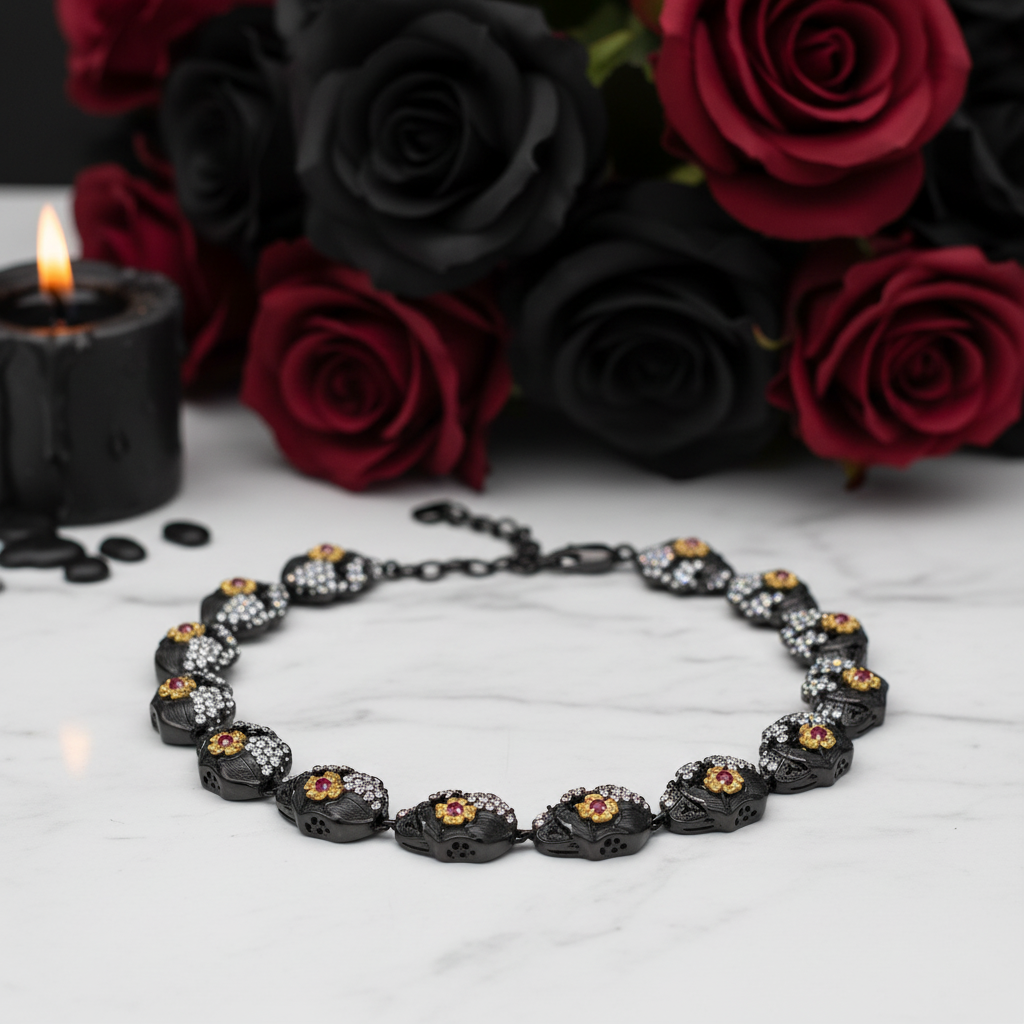 Shiny Gothic Skull Bracelet-Black Diamonds New York
