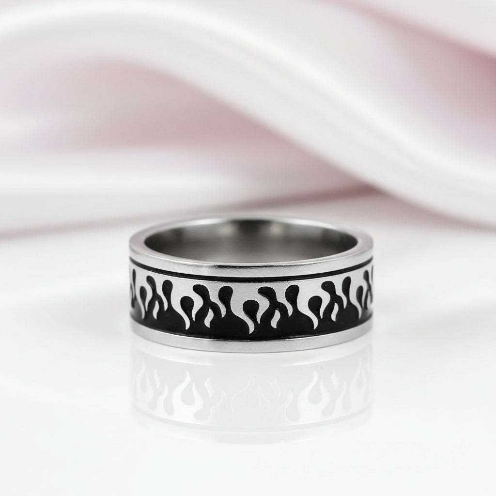 Silver & Black Gothic Flame Stainless Steel Ring-Black Diamonds New York