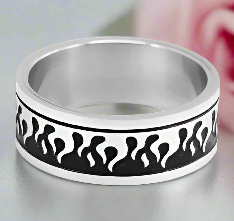 Silver & Black Gothic Flame Stainless Steel Ring-Black Diamonds New York
