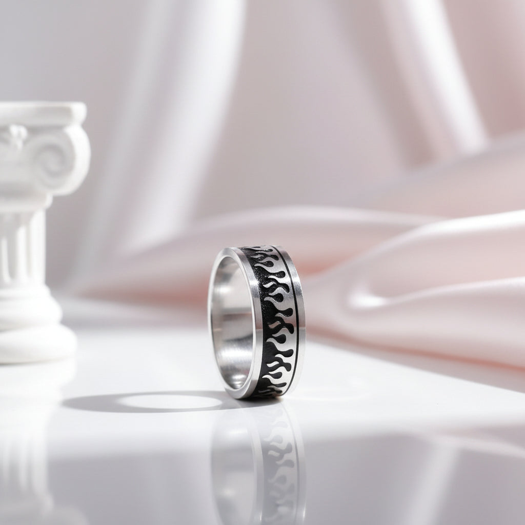 Silver & Black Gothic Flame Stainless Steel Ring-Black Diamonds New York