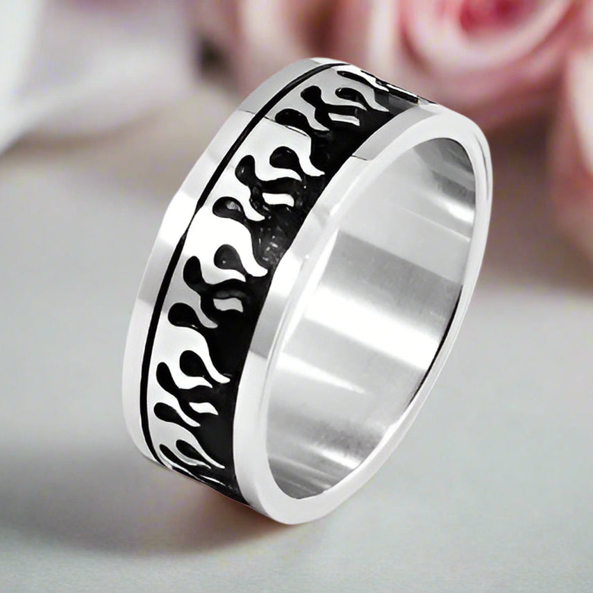 Silver & Black Gothic Flame Stainless Steel Ring-Black Diamonds New York