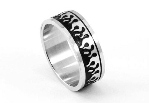 Silver & Black Gothic Flame Stainless Steel Ring - Black Diamonds New York