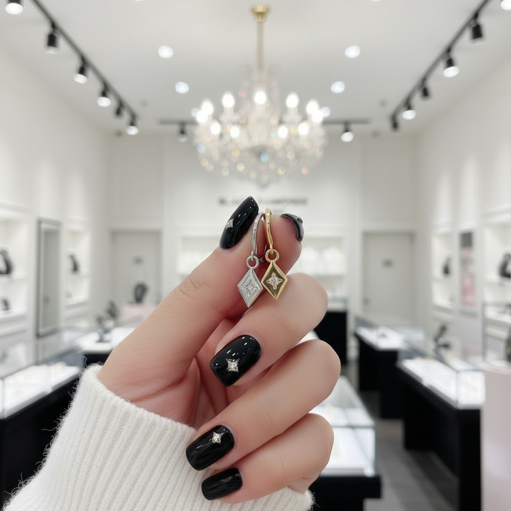 Simple Geometric with Star Hoop Earrings-Black Diamonds New York