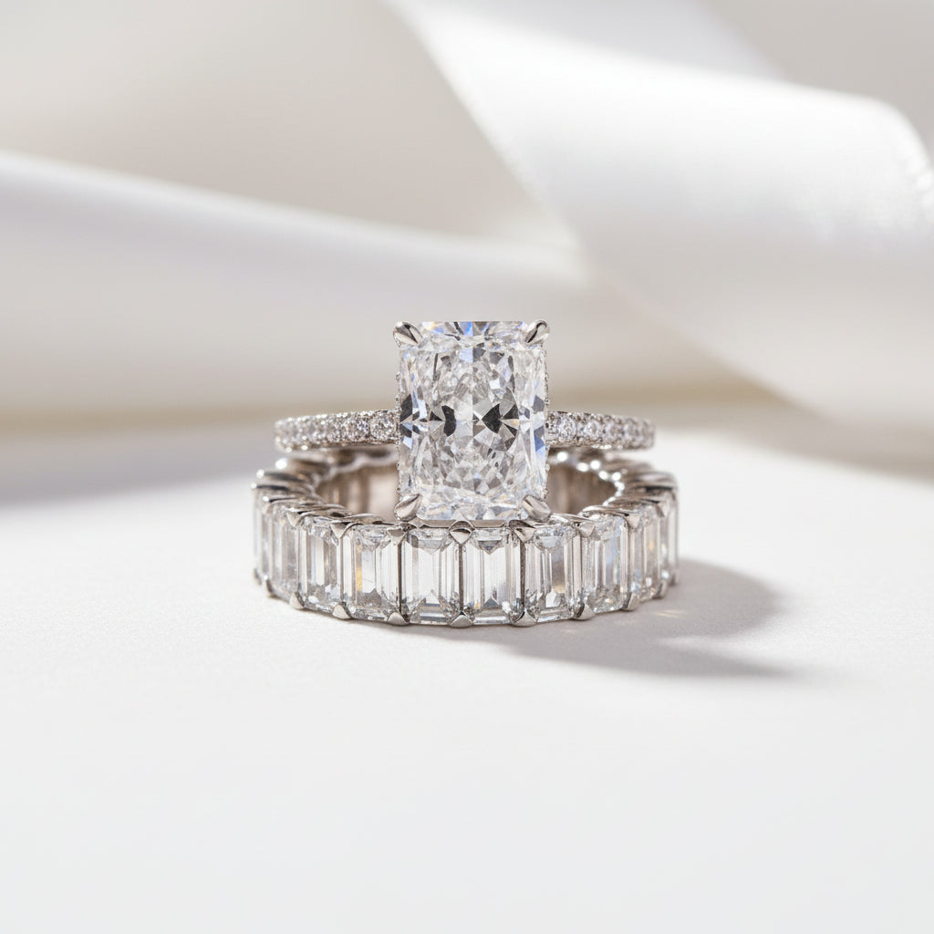 Simulated Diamond Option Radiant Cut & Emerald Cut Ring Set-Black Diamonds New York