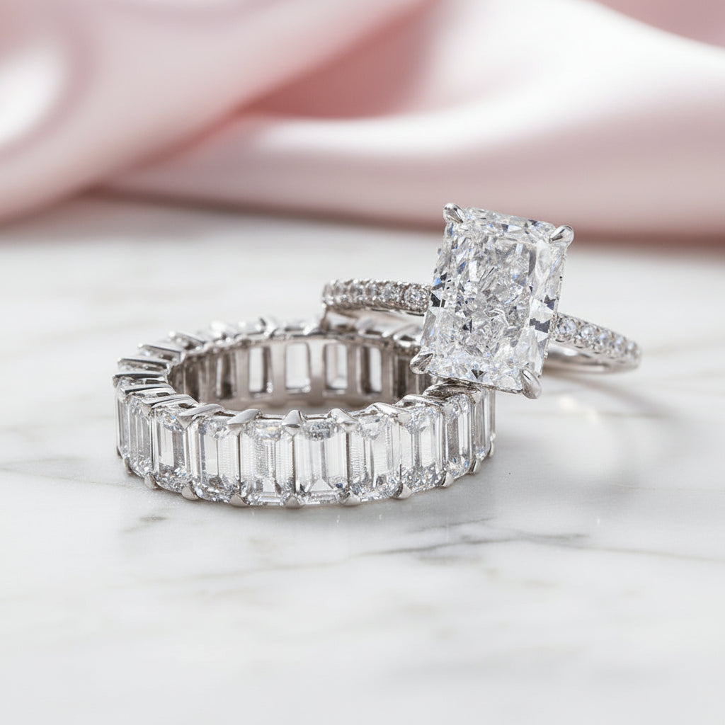 Simulated Diamond Option Radiant Cut & Emerald Cut Ring Set-Black Diamonds New York