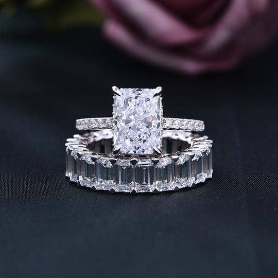 Simulated Diamond Radiant Cut & Emerald Cut Ring Set - Black Diamonds New York