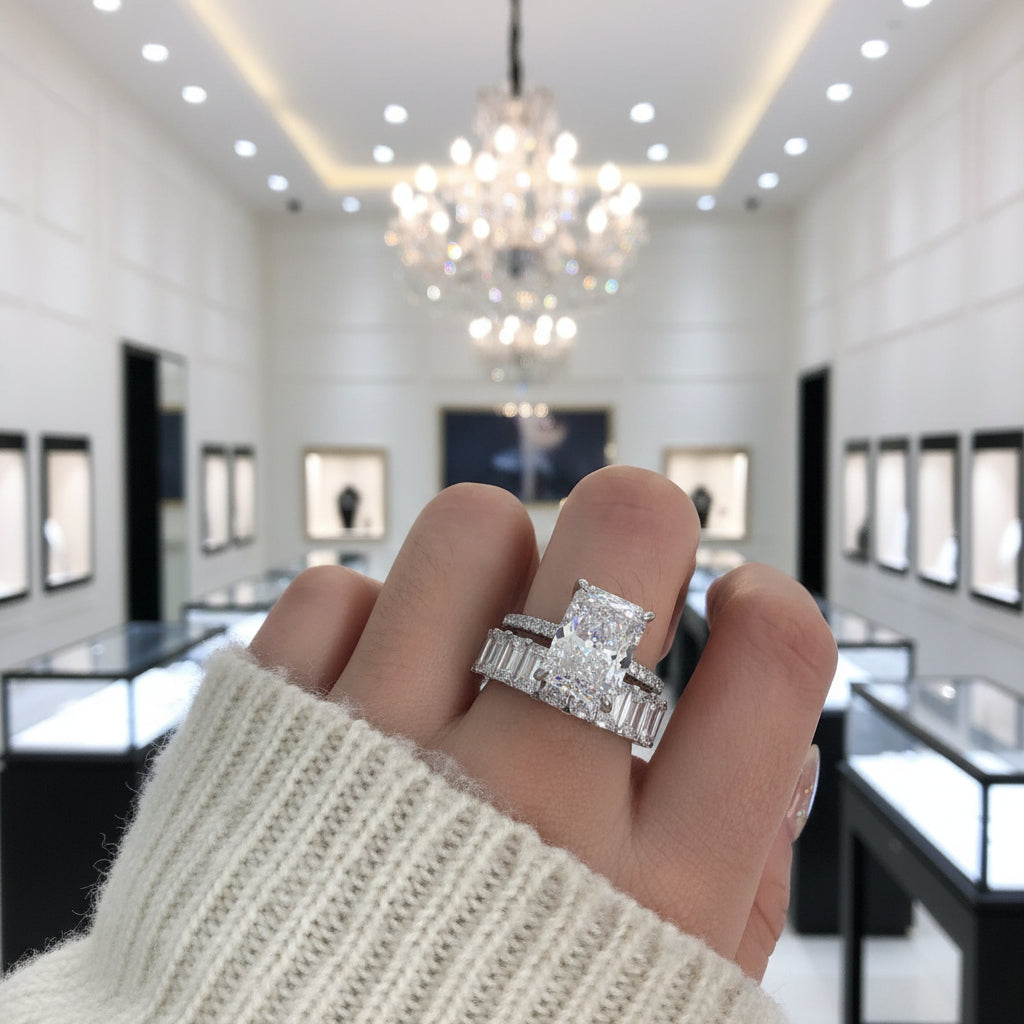 Simulated Diamond Option Radiant Cut & Emerald Cut Ring Set-Black Diamonds New York