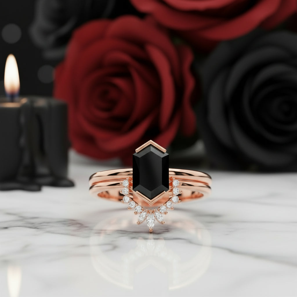 Sincerity - Hexagon Cut Diamond 14k Rose Gold Wedding Ring-Black Diamonds New York