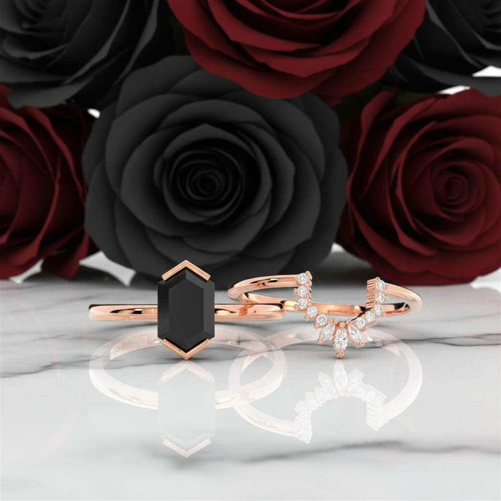 Sincerity - Hexagon Cut Diamond 14k Rose Gold Wedding Ring-Black Diamonds New York