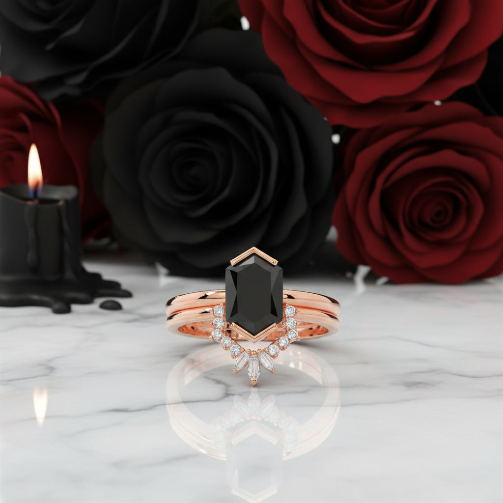 Sincerity - Hexagon Cut Diamond 14k Rose Gold Wedding Ring-Black Diamonds New York