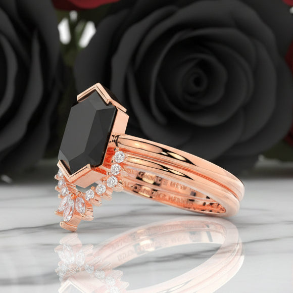 Sincerity - Hexagon Cut Diamond Option 14k Rose Gold Wedding Ring-Black Diamonds New York