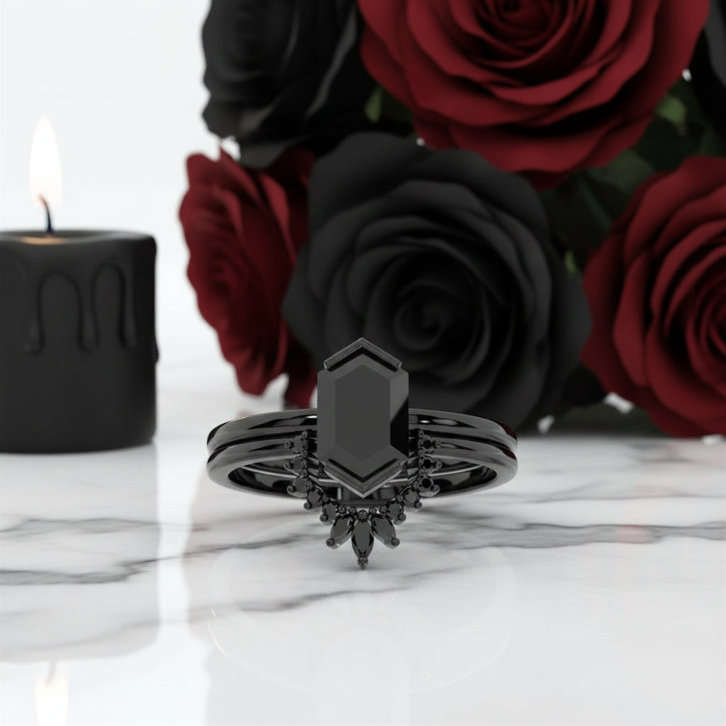 Sincerity - Hexagon Cut Diamond 14k Rose Gold Wedding Ring-Black Diamonds New York