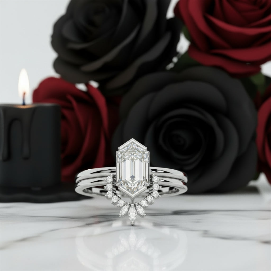 Sincerity - Hexagon Cut Diamond 14k Rose Gold Wedding Ring-Black Diamonds New York