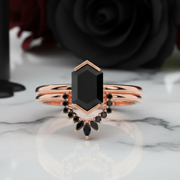 Sincerity - Hexagon Cut Diamond 14k Rose Gold Wedding Ring-Black Diamonds New York