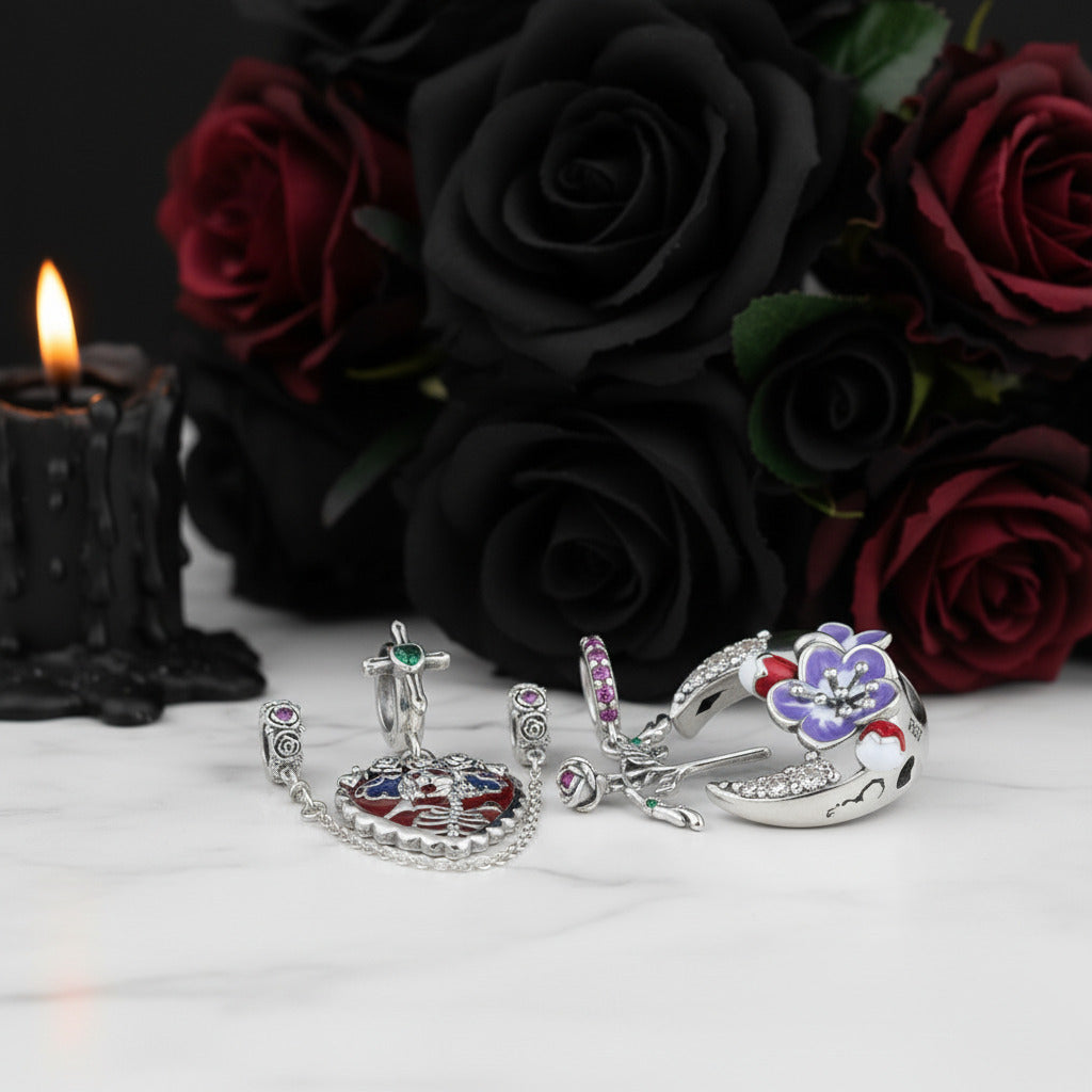 Skull And Lady Rose Arrow Charm-Black Diamonds New York