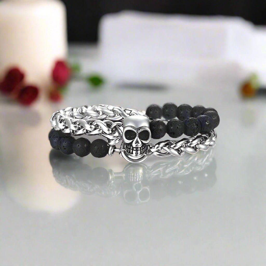 Skull Charm Double Layered Black Lava Bead Bracelet-Black Diamonds New York