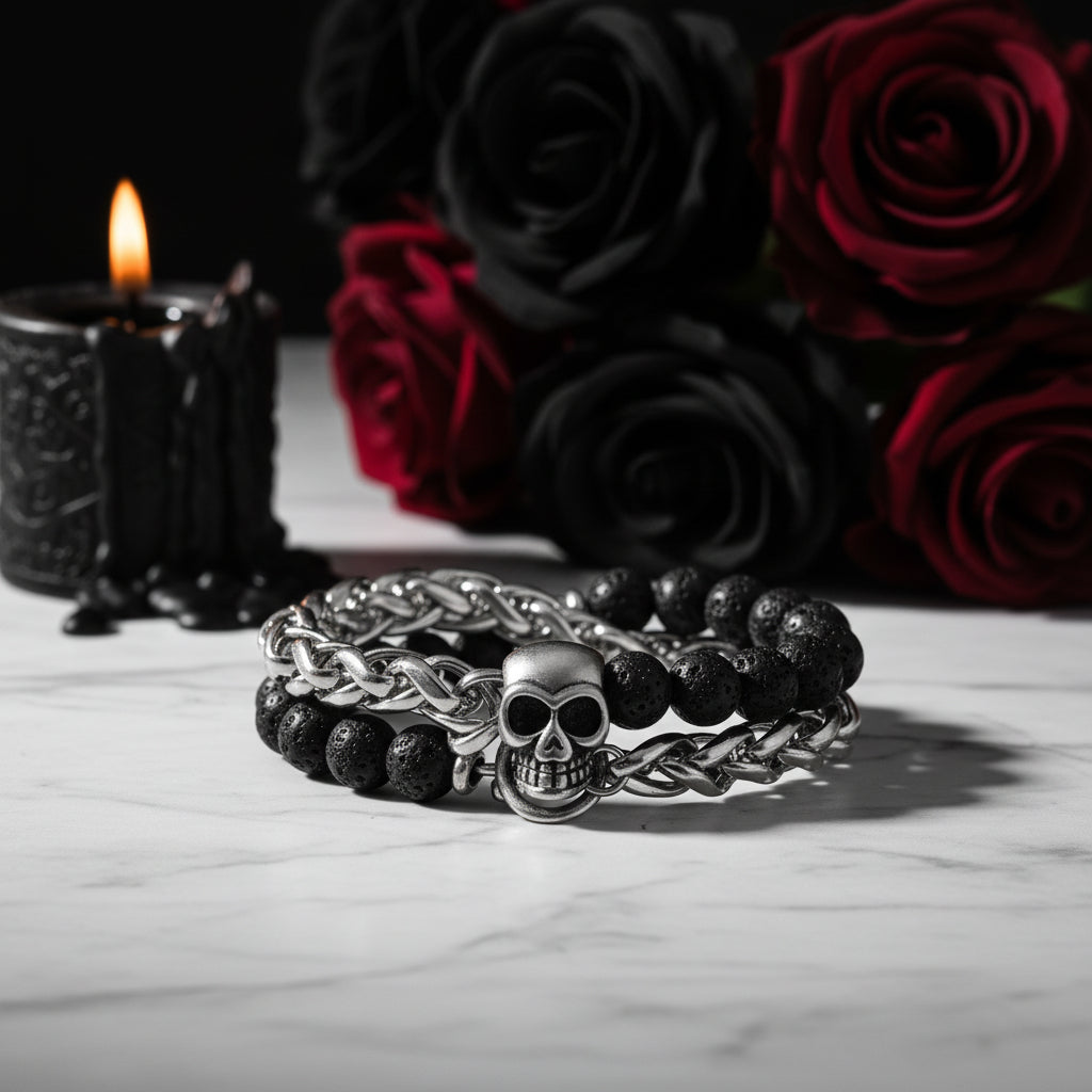 Skull Charm Double Layered Black Lava Bead Bracelet-Black Diamonds New York