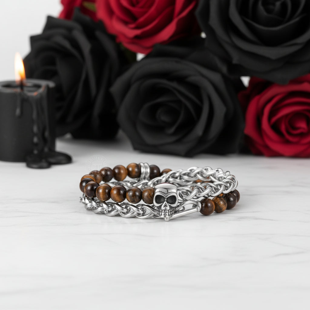 Skull Charm Double Layered Black Lava Bead Bracelet-Black Diamonds New York