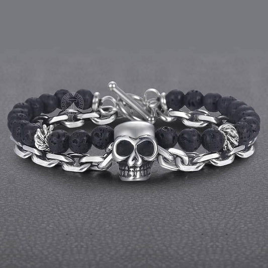 Skull Charm Double Layered Black Lava Bead Bracelet - Black Diamonds New York