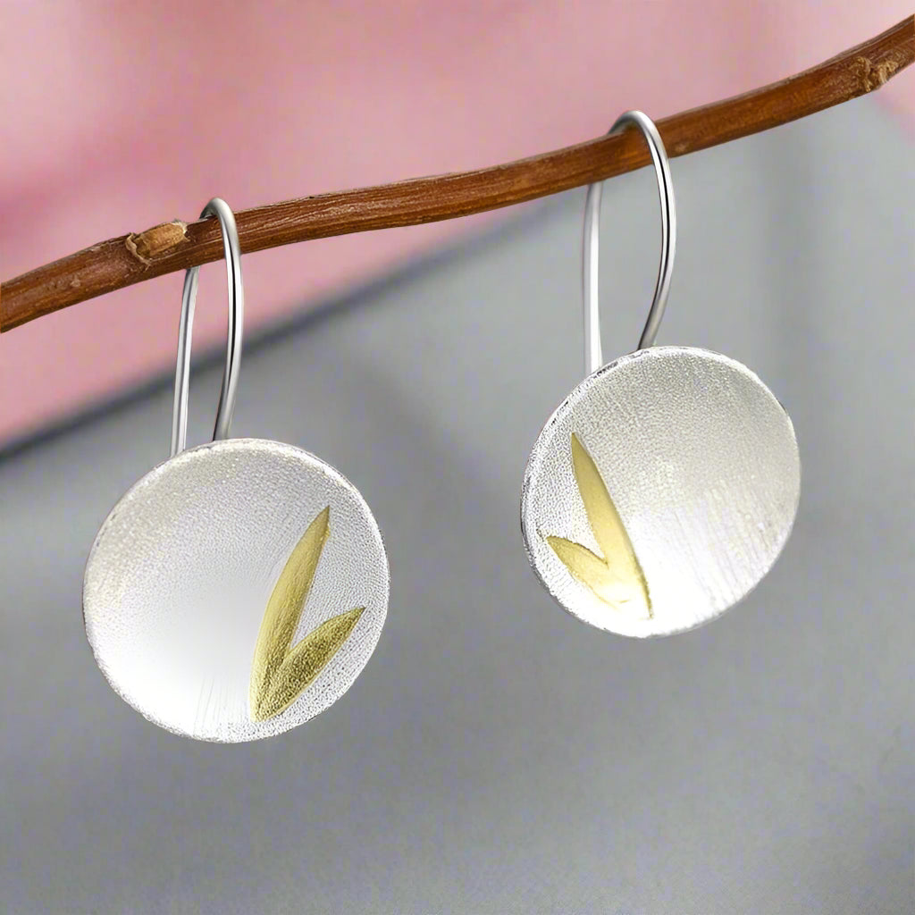 Small Bamboo Leaves Round Dangle Earrings-Black Diamonds New York