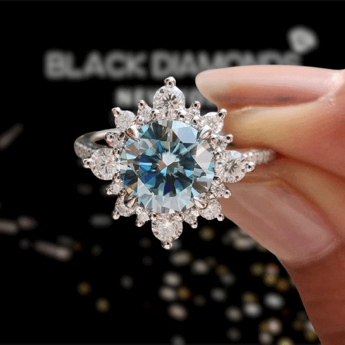 Snowflake Design Halo Round Cut Cyan Blue Moissanite Stone Engagement Ring - Black Diamonds New York