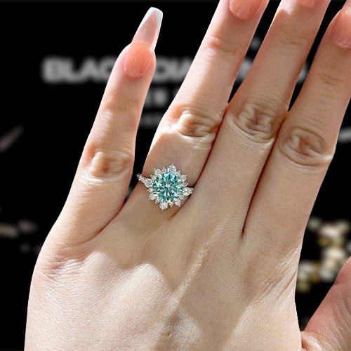 Snowflake Design Halo Round Cut Cyan Blue Moissanite Engagement Ring-Black Diamonds New York