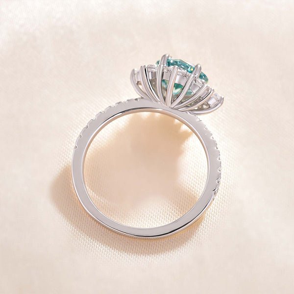 Snowflake Design Halo Round Cut Cyan Blue Moissanite Engagement Ring - Black Diamonds New York