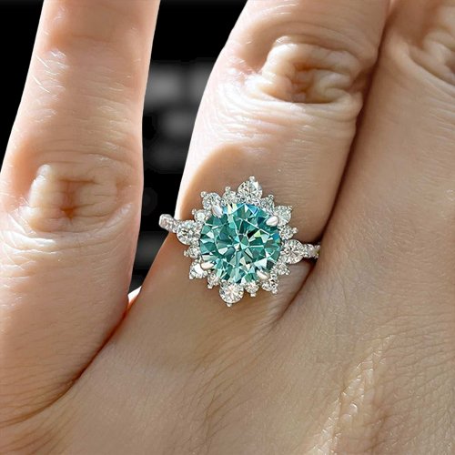 Snowflake Design Halo Round Cut Cyan Blue Moissanite Engagement Ring-Black Diamonds New York