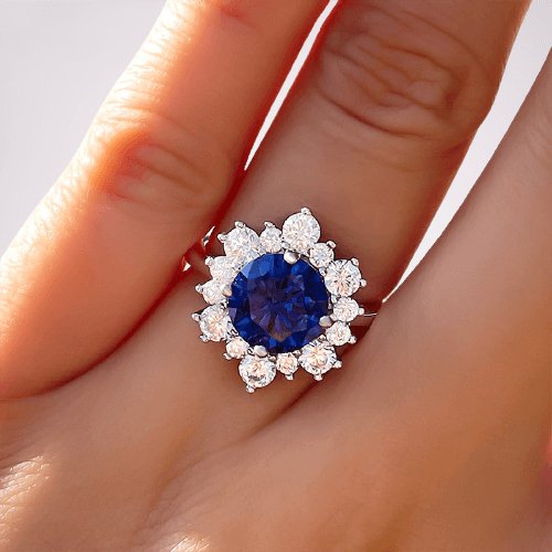 Snowflake Design Round Cut Blue Sapphire Engagement Ring - Black Diamonds New York