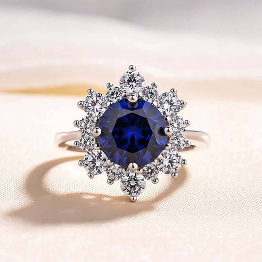 Snowflake Design Round Cut Blue Sapphire Engagement Ring-Black Diamonds New York
