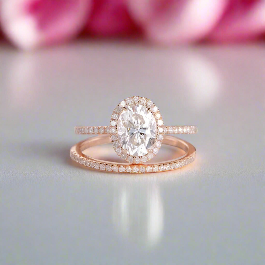 Solid 14k Rose Gold 1.5ct Oval Cut Diamond Halo Bridal Ring Set-Black Diamonds New York