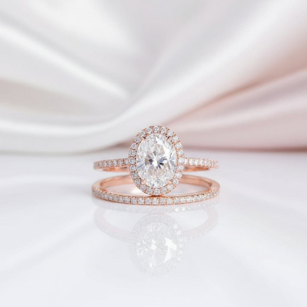Solid 14k Rose Gold 1.5ct Oval Cut Diamond Option Halo Bridal Ring Set-Black Diamonds New York