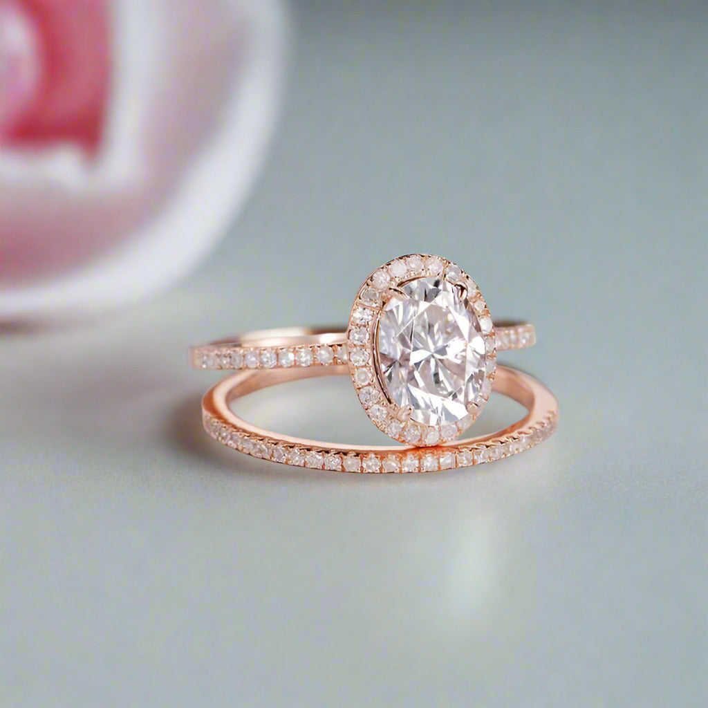 Solid 14k Rose Gold 1.5ct Oval Cut Diamond Halo Bridal Ring Set-Black Diamonds New York