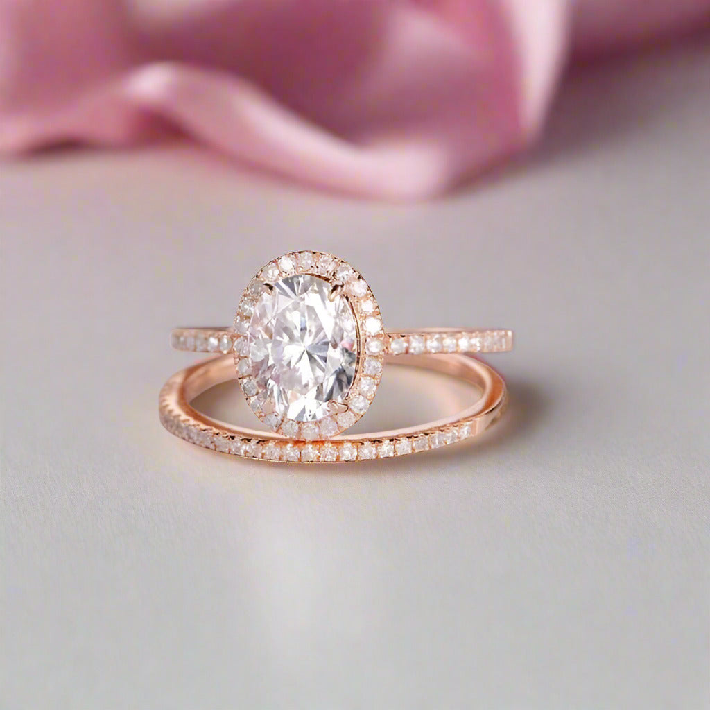 Solid 14k Rose Gold 1.5ct Oval Cut Diamond Halo Bridal Ring Set-Black Diamonds New York