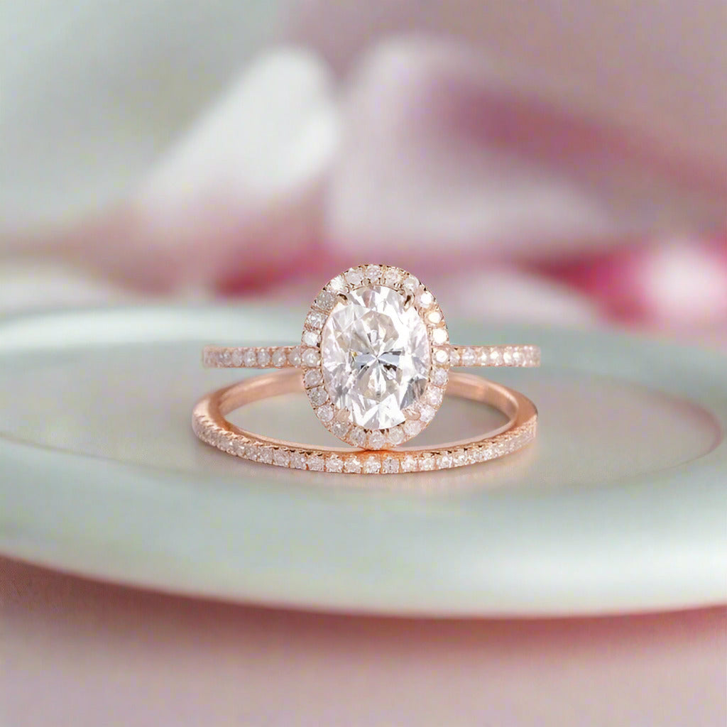 Solid 14k Rose Gold 1.5ct Oval Cut Diamond Halo Bridal Ring Set-Black Diamonds New York