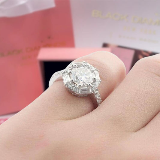 Solid 14k White Gold 1.5ct 7.5mm Moissanite Halo Engagement Ring-Black Diamonds New York