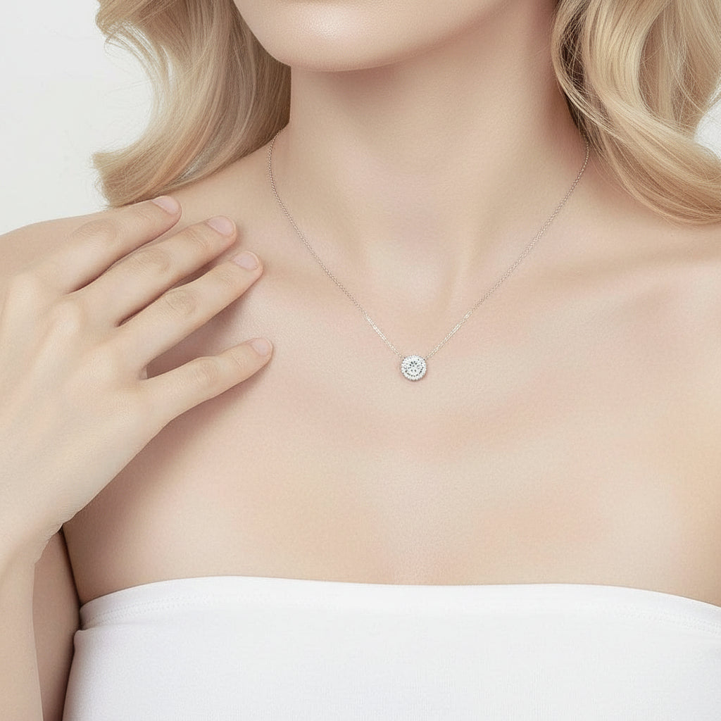 Solid 14k White Gold 1.0 Ct Diamond Option Halo Pedant Necklace-Black Diamonds New York