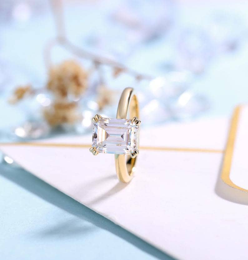 Solid 14K Yellow Gold 7*9mm Emerald Cut Moissanite Solitaire Engagement Ring-Black Diamonds New York