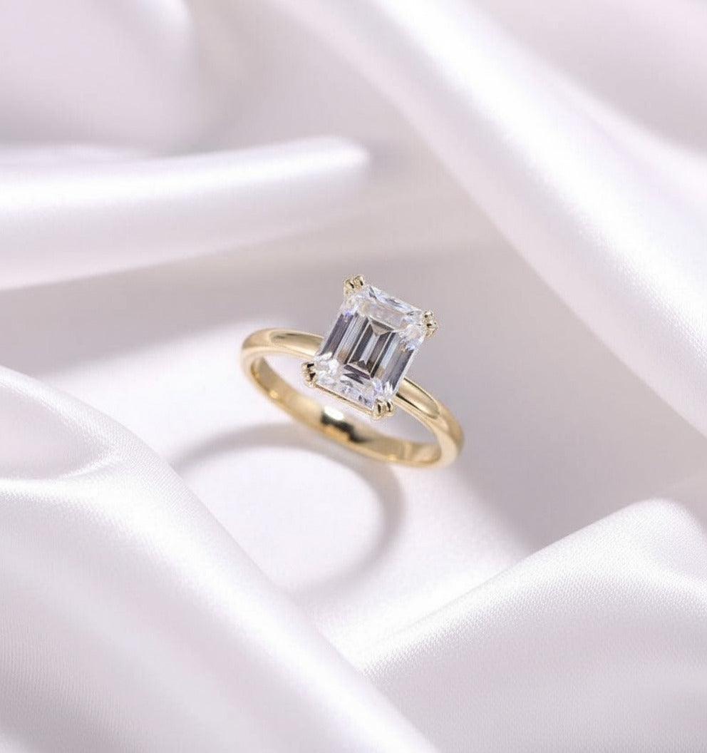 Solid 14K Yellow Gold 7*9mm Emerald Cut Diamond Solitaire Engagement Ring-Black Diamonds New York