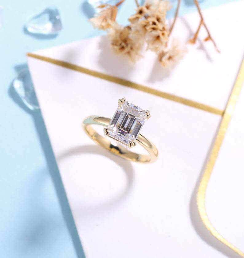 Solid 14K Yellow Gold 7*9mm Emerald Cut Diamond Solitaire Engagement Ring-Black Diamonds New York