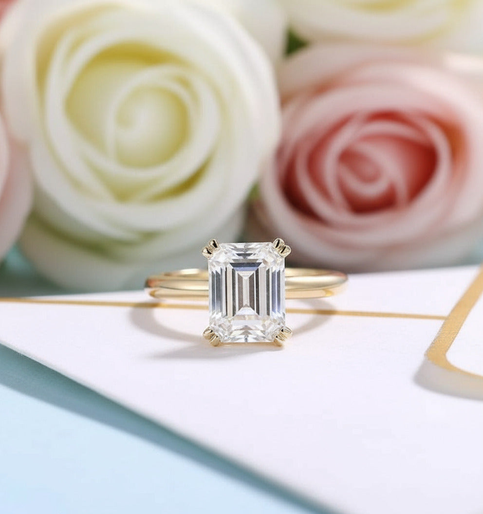 Solid 14K Yellow Gold 7*9mm Emerald Cut Diamond Solitaire Engagement Ring-Black Diamonds New York