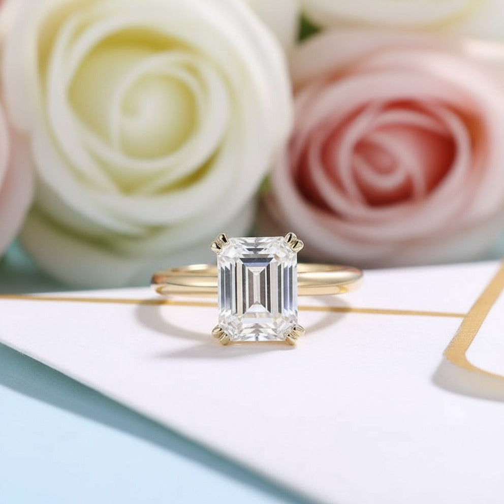 Solid 14K Yellow Gold 7*9mm Emerald Cut Diamond Solitaire Engagement Ring-Black Diamonds New York