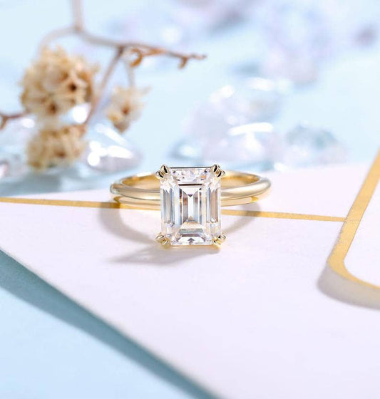 Solid 14K Yellow Gold 7*9mm Emerald Cut Moissanite Solitaire Engagement Ring - Black Diamonds New York