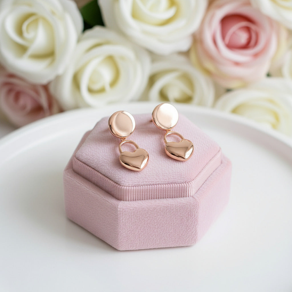 Solid 18k Rose Gold Dangle Heart Earrings-Black Diamonds New York