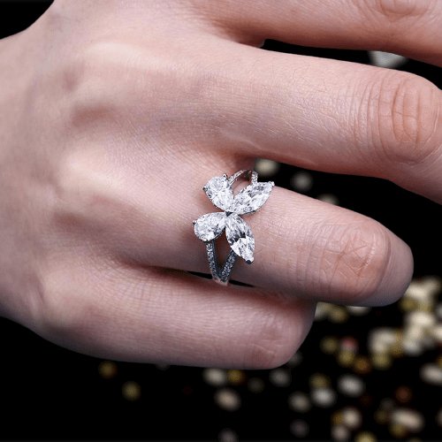 Sona Simulated Diamond Butterfly Design Promise Ring - Black Diamonds New York