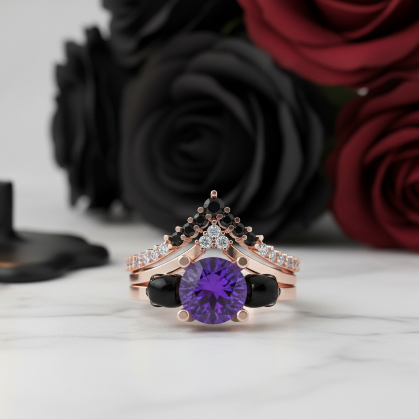 Soulmate- 1ct Violet Round Cut Created Diamond Gothic Ring-Black Diamonds New York
