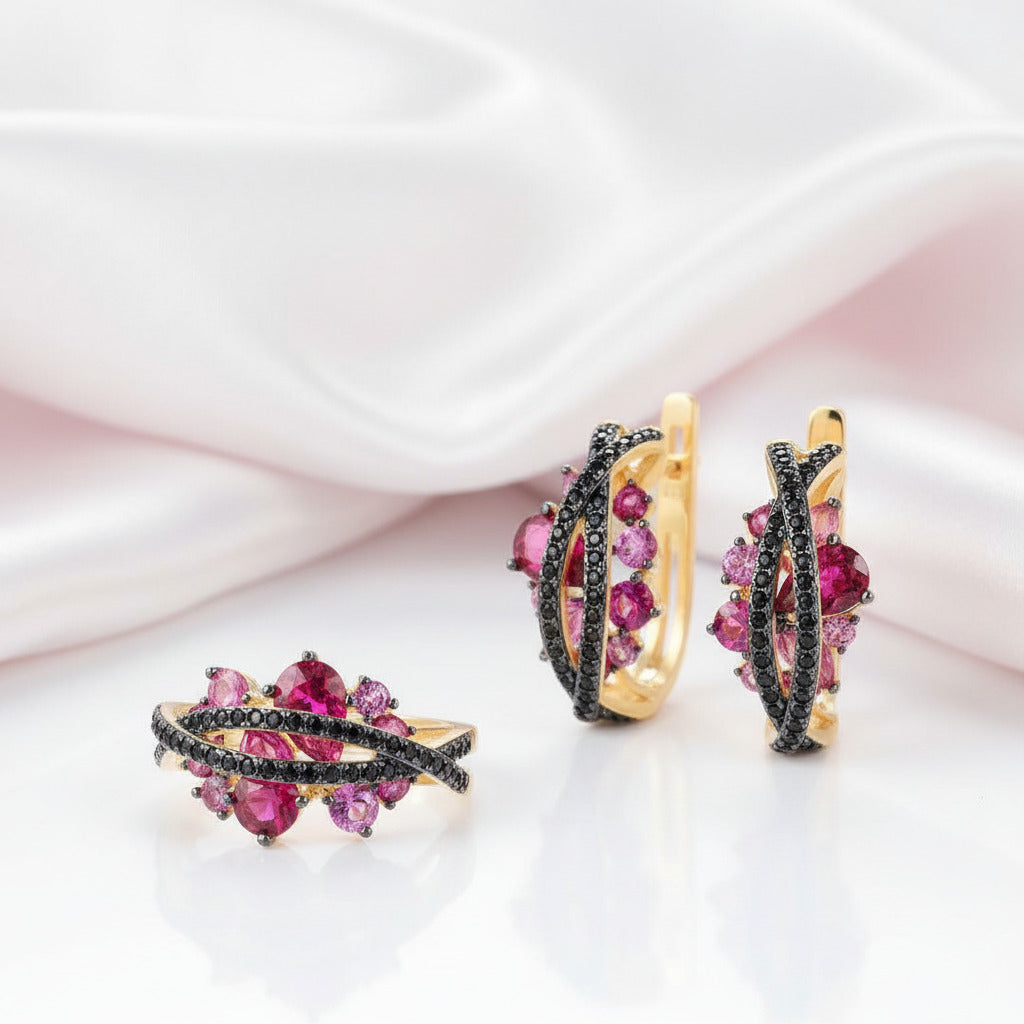 Sparkling Black & Pink Stones Jewelry Set-Black Diamonds New York