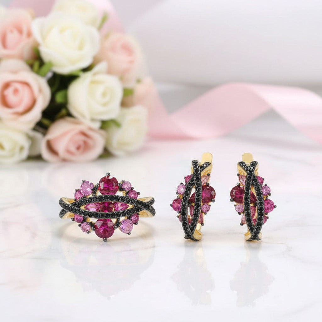 Sparkling Black & Pink Stones Jewelry Set-Black Diamonds New York