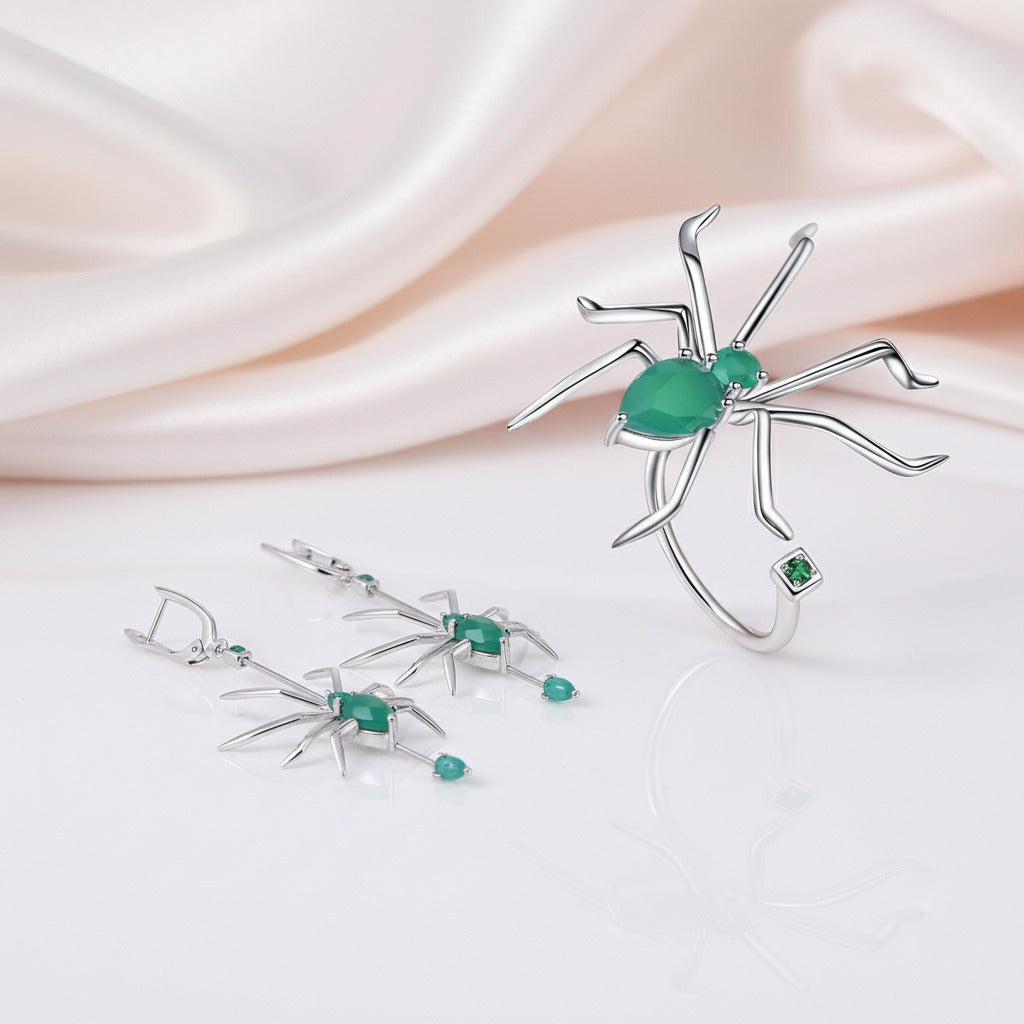 Spider Shape Natural Green Agate Gemstone Jewelry Set-Black Diamonds New York
