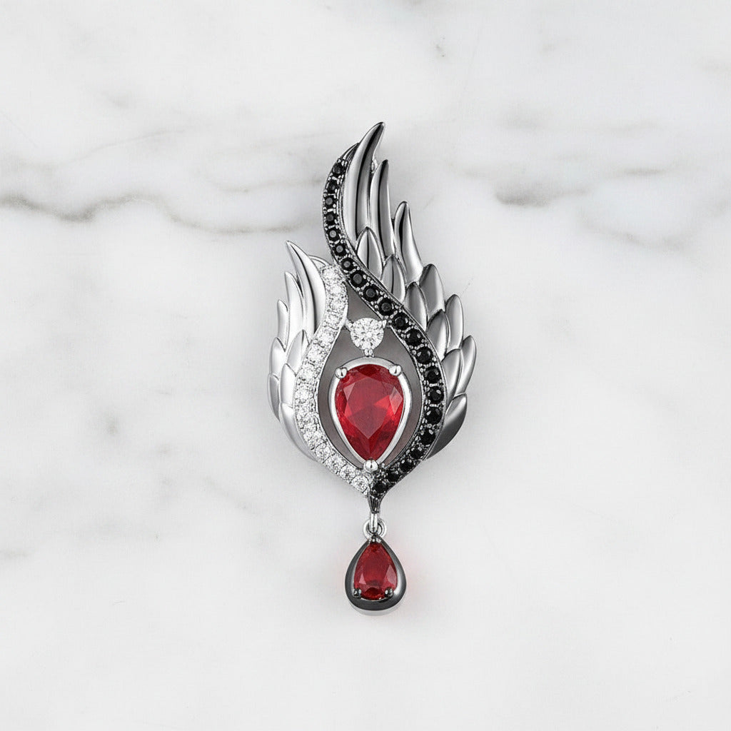 Spinel & Pear-cut Red Diamond Option Wings Pendant-Black Diamonds New York